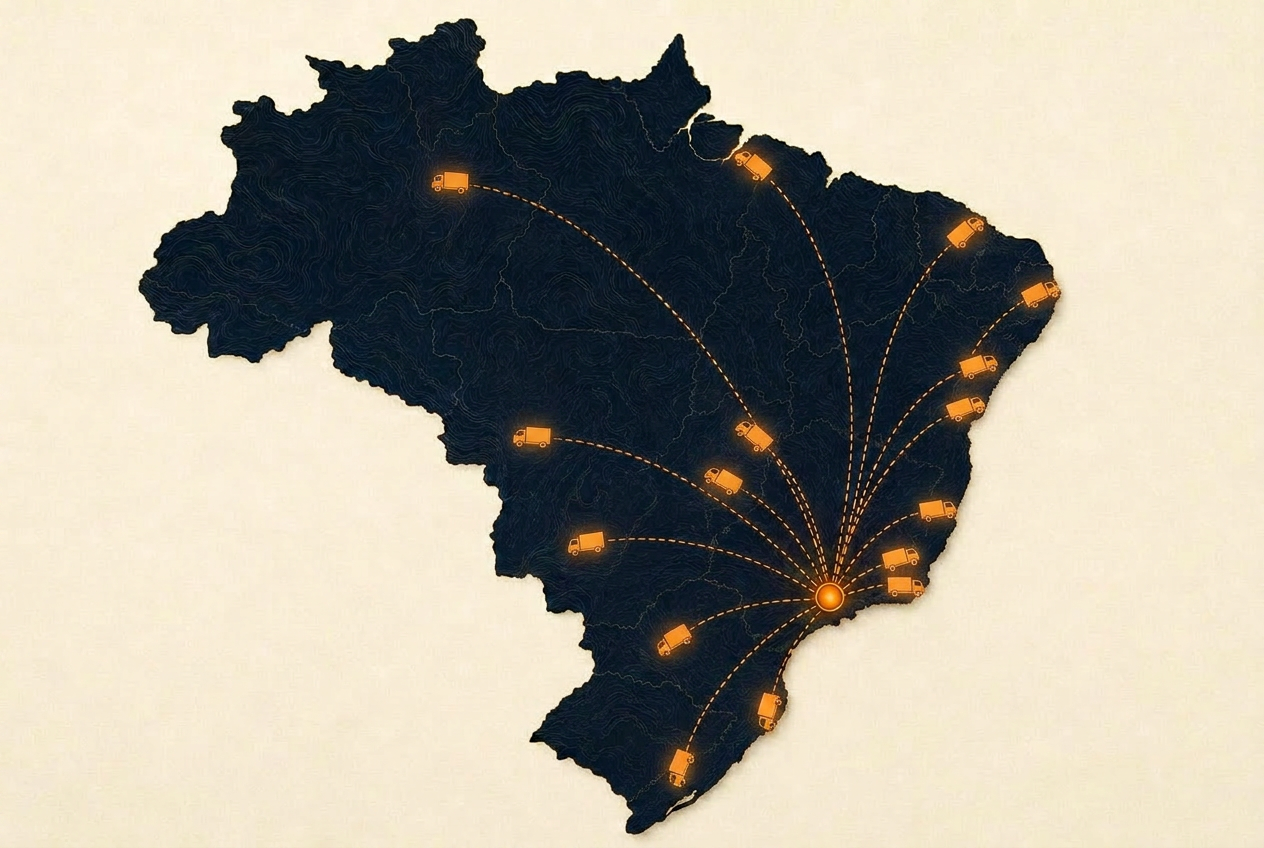 Mapa do Brasil com rotas saindo de São Paulo para todos os estados